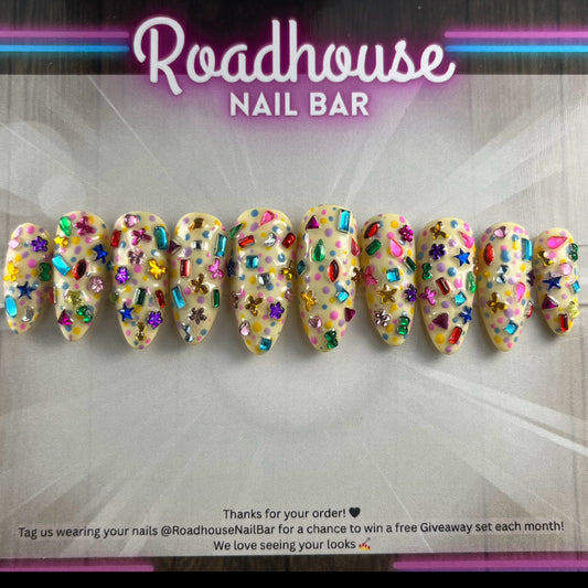 Funfetti Jeweled Press-On Nails | Hand-Painted Junk Nail Art | Reusable UK Gel Nails with Sprinkles Rhinestones