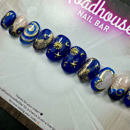 90s Whimsy Goth Press On Nails – Celestial Navy & Gold Moons and Stars, Hand Painted 10pc Custom Gothic Nails UK