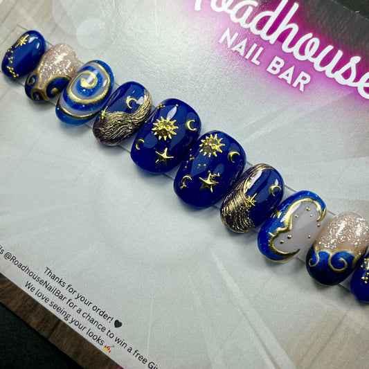 90s Whimsy Goth Press On Nails – Celestial Navy & Gold Moons and Stars, Hand Painted 10pc Custom Gothic Nails UK