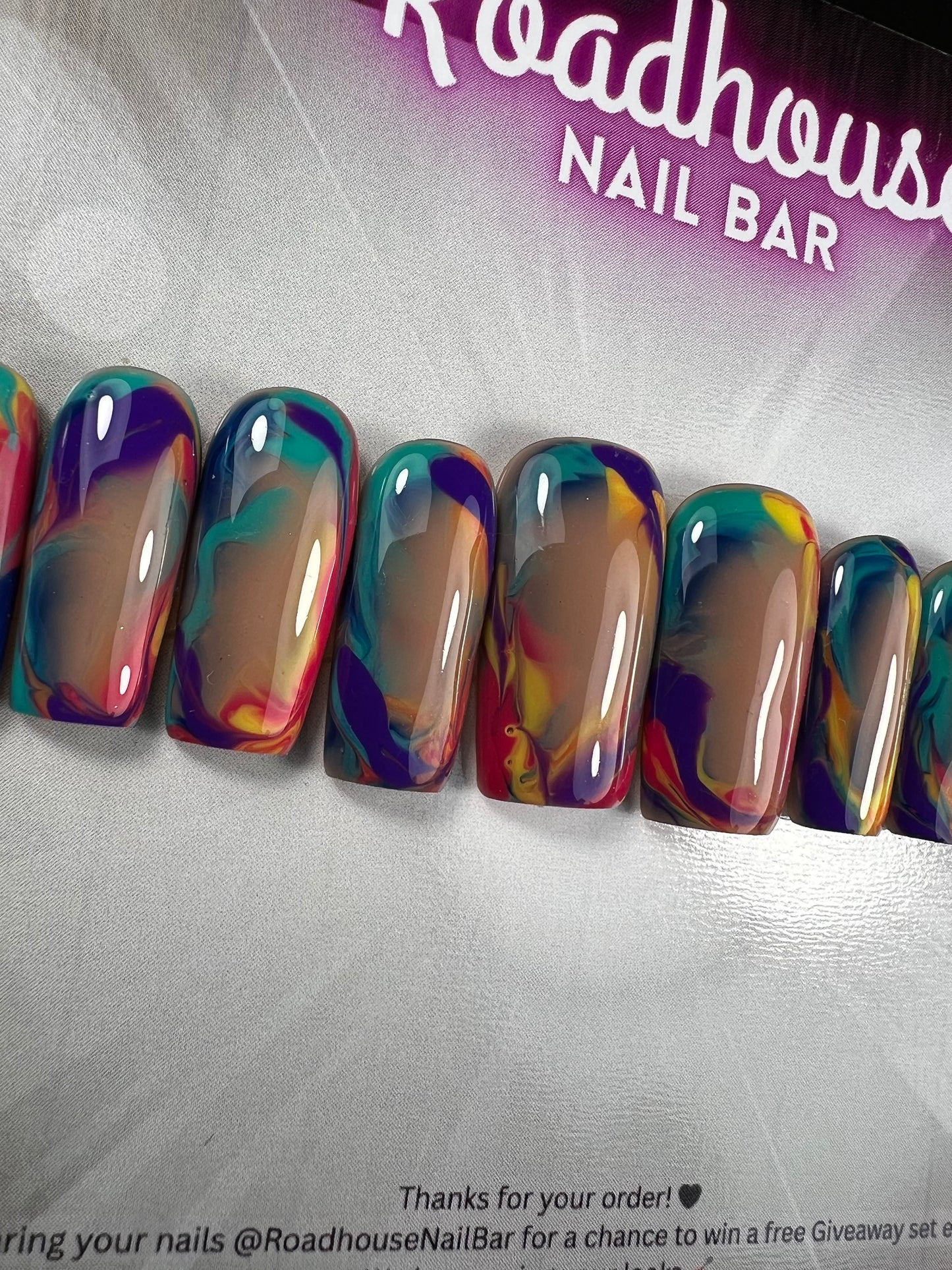 Vibrant Sunset Summer Press-On Nails – Abstract Swirl Nail Art in Bold Summer Colours (10pc Custom Set)