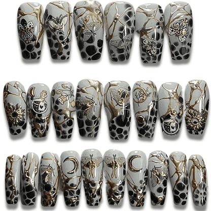 Night Moth Press-On Nails – Grey, Black & Gold Moth Design (24pcs)