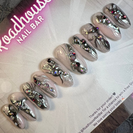 Baby Blue Chrome Press-On Nails | 10pc Molten Metal Nail Set with Crystals | Abstract Y2K Glam Reusable Nail Art | Holographic Glitter Nails