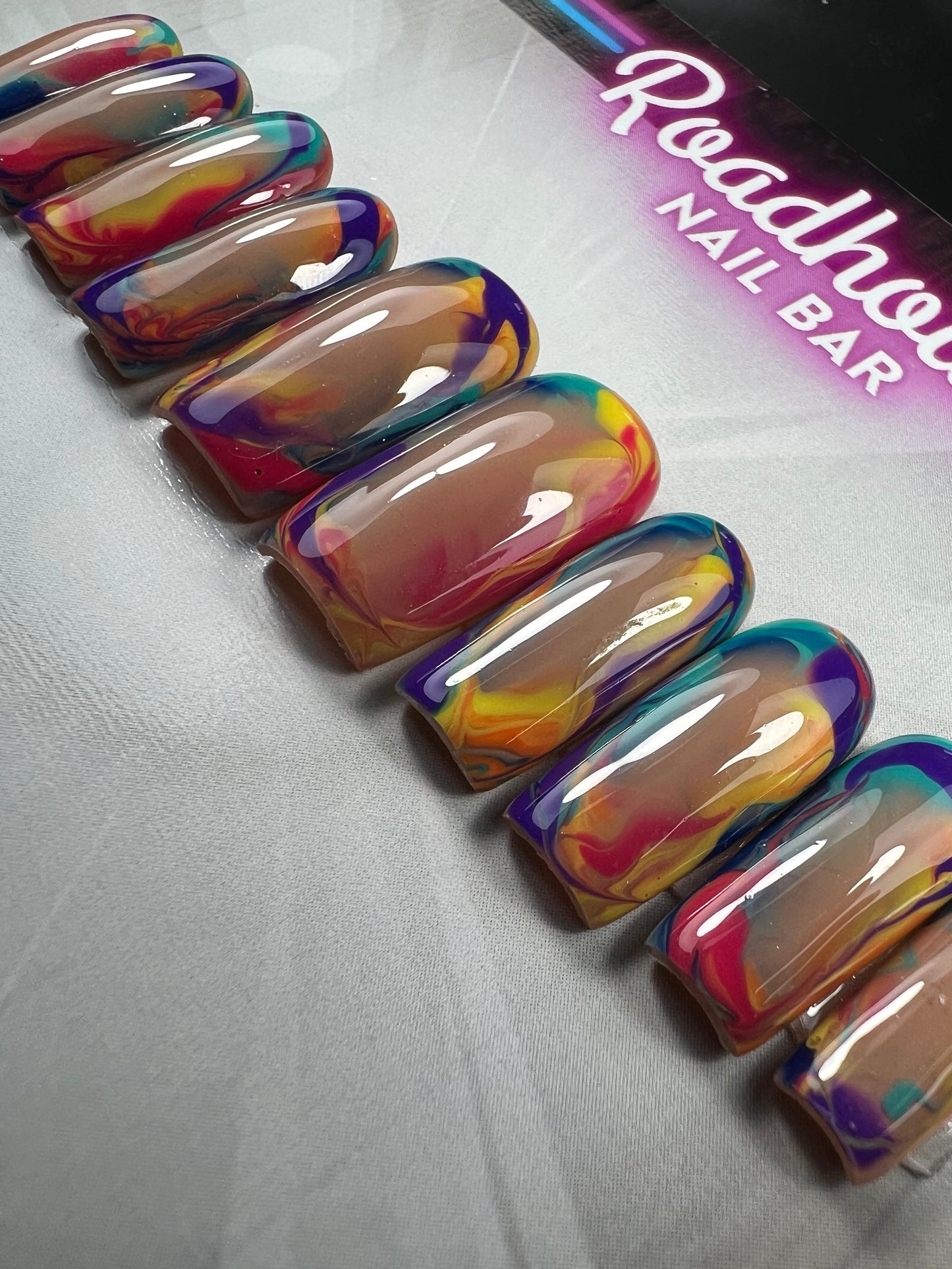 Vibrant Sunset Summer Press-On Nails – Abstract Swirl Nail Art in Bold Summer Colours (10pc Custom Set)