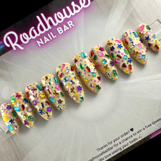 Funfetti Jeweled Press-On Nails | Hand-Painted Junk Nail Art | Reusable UK Gel Nails with Sprinkles Rhinestones