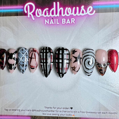 Punk Rock Anarchy Press-On Nails – Grunge Plaid & Studded Design (10pcs)