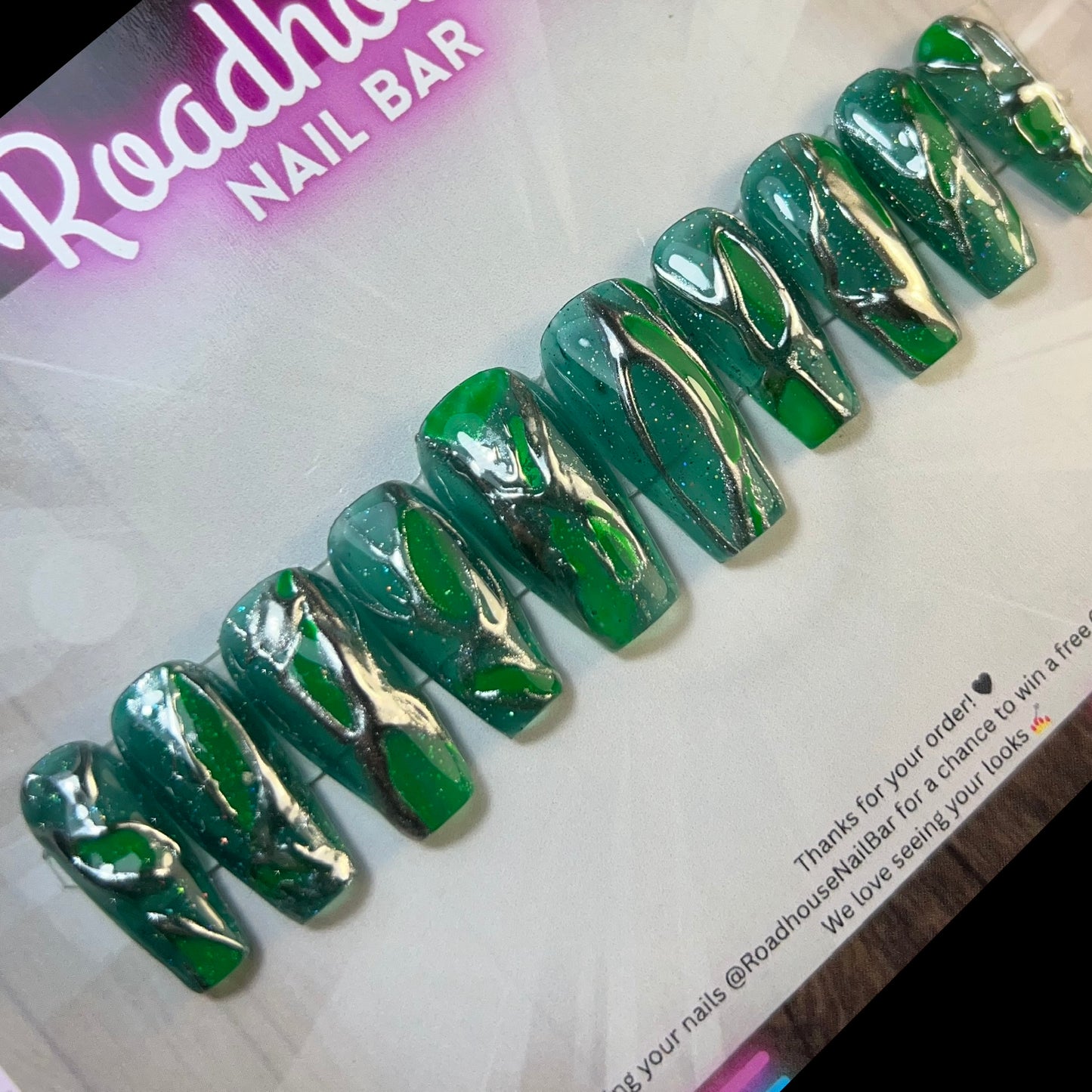 Green Melted Silver Chrome - Cybercore Nails