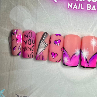 Deluxe Hand painted Pink Scream Galentine’s Press-On Nails – Ghostface Romance Horror Hearts (10pcs)