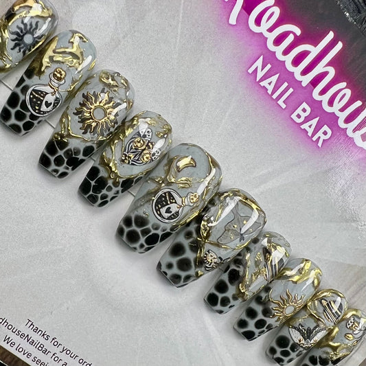 Metallic Moth Press-On Nails | Gold Black Gothic Insect Nail Set