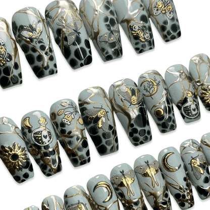 Night Moth Press-On Nails – Grey, Black & Gold Moth Design (24pcs)