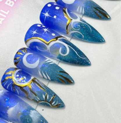 Witchy Celestial Press-On Nails – Blue & Turquoise Chrome Moon Magic (10pcs)