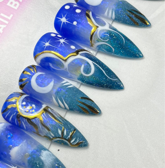 Witchy Celestial Press-On Nails – Blue & Turquoise Chrome Moon Magic (10pcs)
