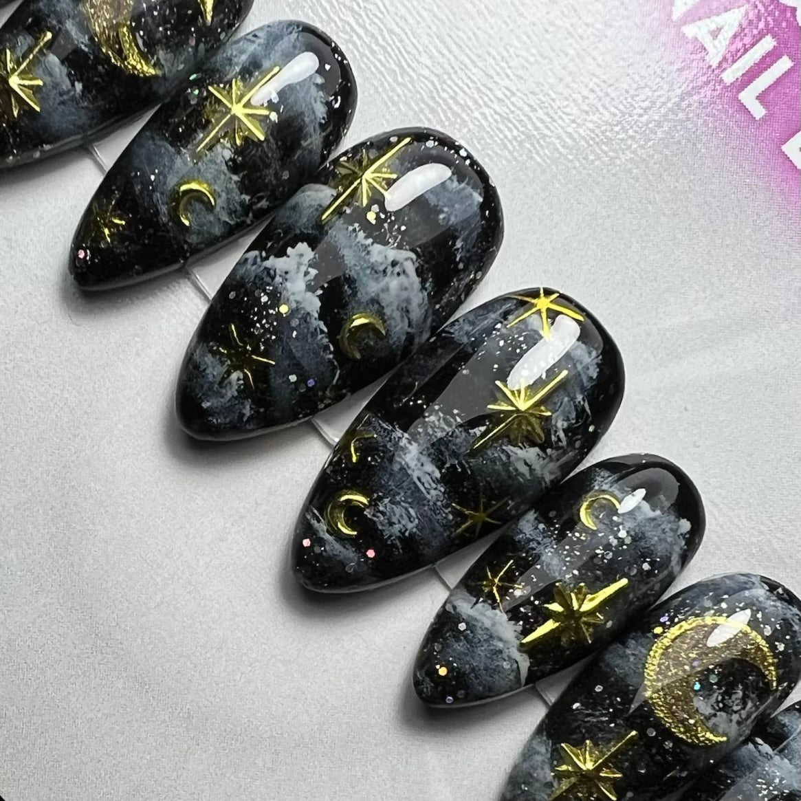 Celestial Night Sky Press-On Nails | Moon & Stars Galaxy Nail Set