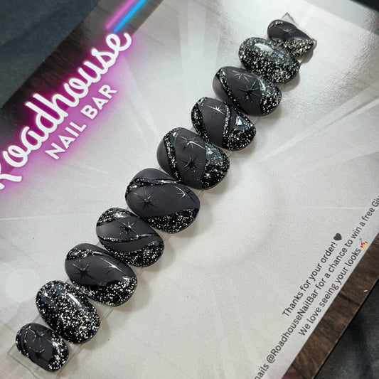 Black Glitter Star Press-On Nails – Gothic Halloween Celestial Design, Hand-Painted Sparkly Reusable False Nails UK