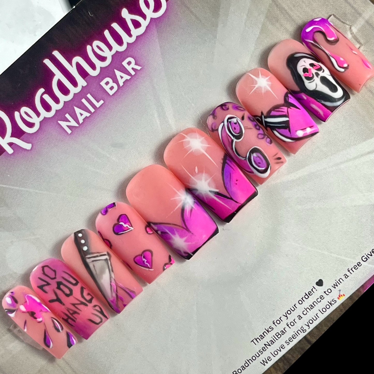 Deluxe Hand painted Pink Scream Galentine’s Press-On Nails – Ghostface Romance Horror Hearts (10pcs)