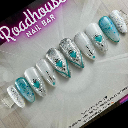 Blue & White Boho Hearts Press-On Nails | Glitter Heart Nail Art | Handmade UK Reusable Nails (10pcs)
