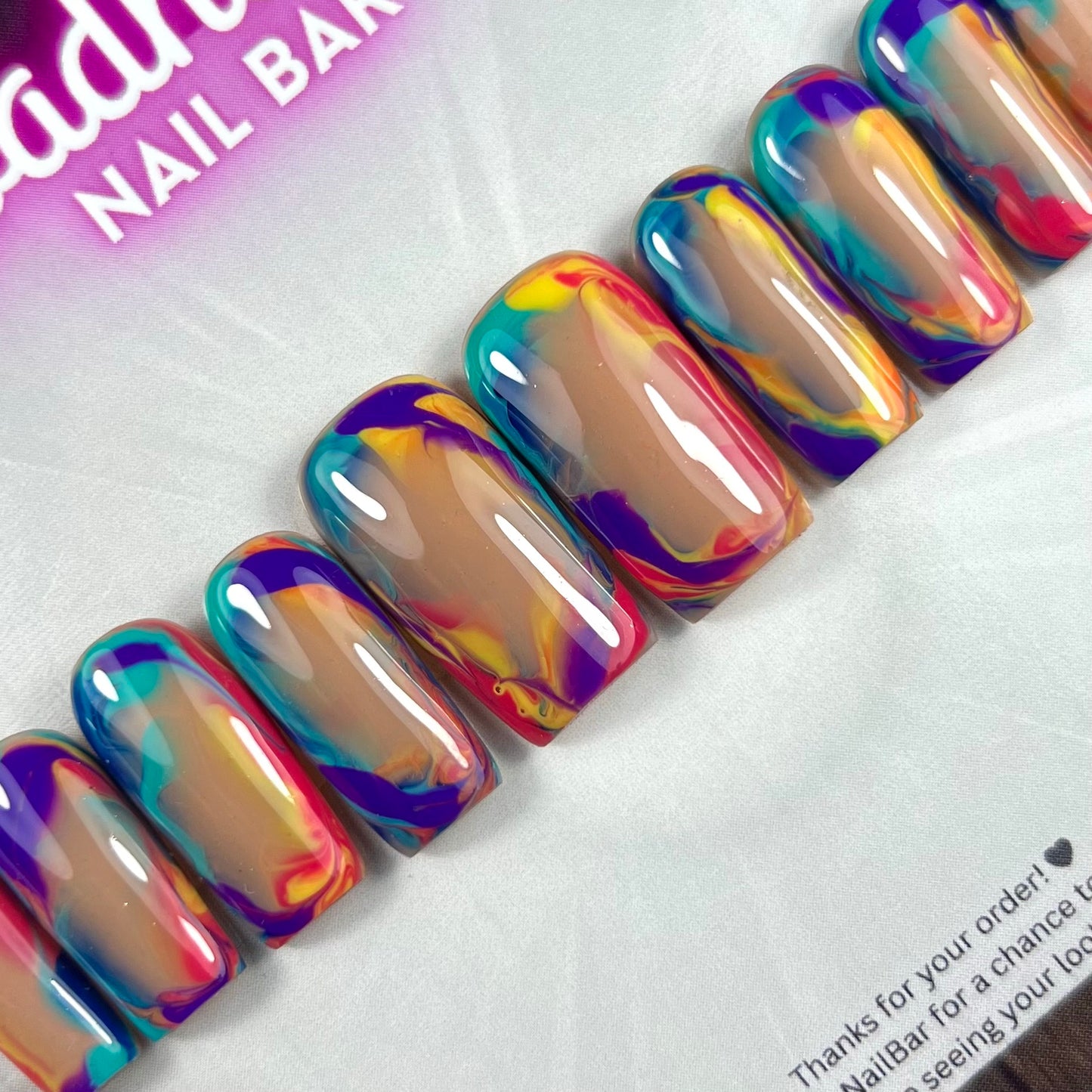 Vibrant Sunset Summer Press-On Nails – Abstract Swirl Nail Art in Bold Summer Colours (10pc Custom Set)