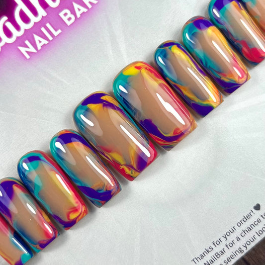 Vibrant Sunset Summer Press-On Nails – Abstract Swirl Nail Art in Bold Summer Colours (10pc Custom Set)