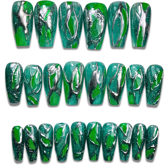 Hand wearing medium coffin chrome press-on nails in reflective green – 24-piece reusable set with high-shine metallic finish