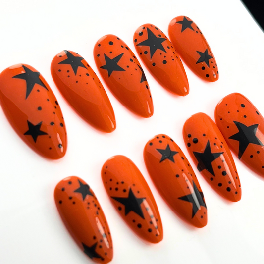Electric Tangerine Star Nails – 10pc Custom Handmade Press-On Set | Punky Halloween Vibes