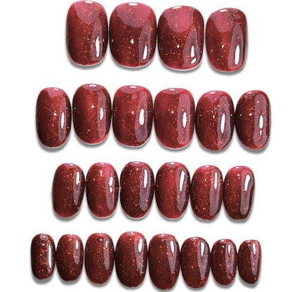 Blood Red Wine Glitter Press-On Nails – Short Oval Vampy Glam (24pcs)