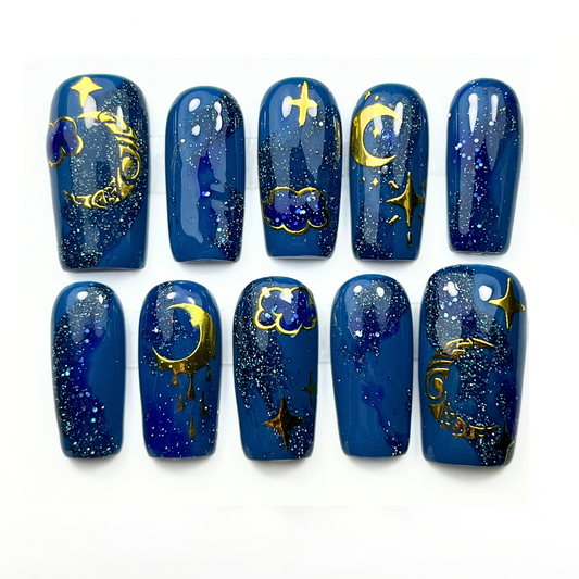 Celestial Gold & Navy Press-On Nails – Starry Sky Cosmic Glitter (10pcs)