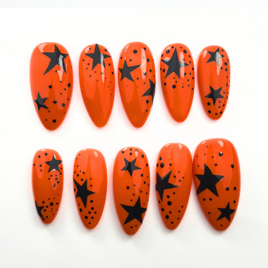 Electric Tangerine Star Nails – 10pc Custom Handmade Press-On Set | Punky Halloween Vibes