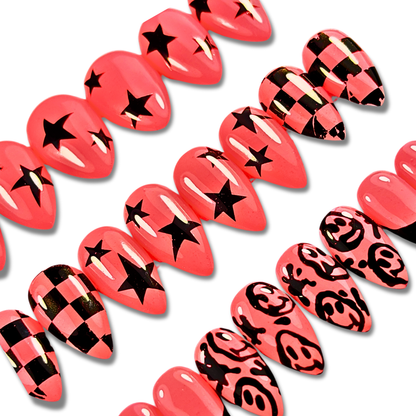 Neon Coral & Black Emo Press-On Nails – Punk Smiley Face & Alt Art (24pcs)