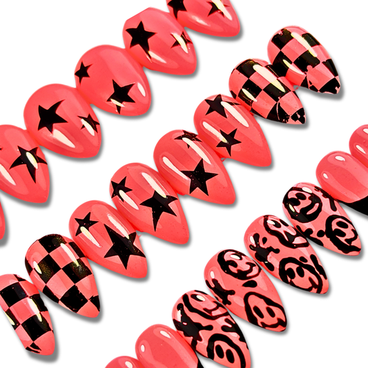 Neon Coral & Black Emo Press-On Nails – Punk Smiley Face & Alt Art (24pcs)