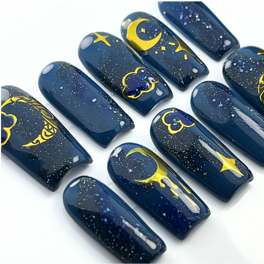 Celestial Gold & Navy Press-On Nails – Starry Sky Cosmic Glitter (10pcs)
