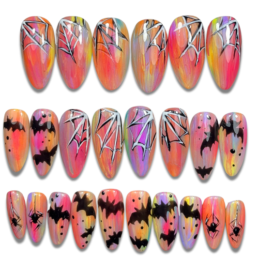 Spooky Pastels Press-On Nails – Bats & Webs in Soft Lilac (24pcs, Medium Almond)