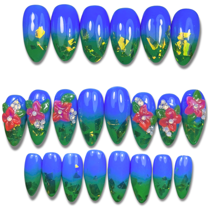 Tropical Blue & Green Ombre Press‑On Nails – Medium Almond (24pcs)