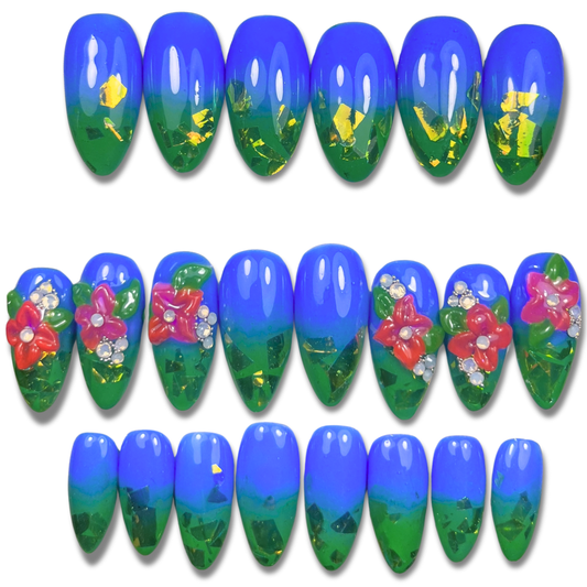 Tropical Blue & Green Ombre Press‑On Nails – Medium Almond (24pcs)