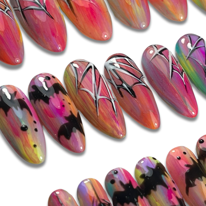 Spooky Pastels Press-On Nails – Bats & Webs in Soft Lilac (24pcs, Medium Almond)
