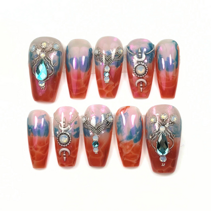 Teal & Burnt Orange Rhinestone Press-On Nails – Luxe Handmade Set (10pcs)