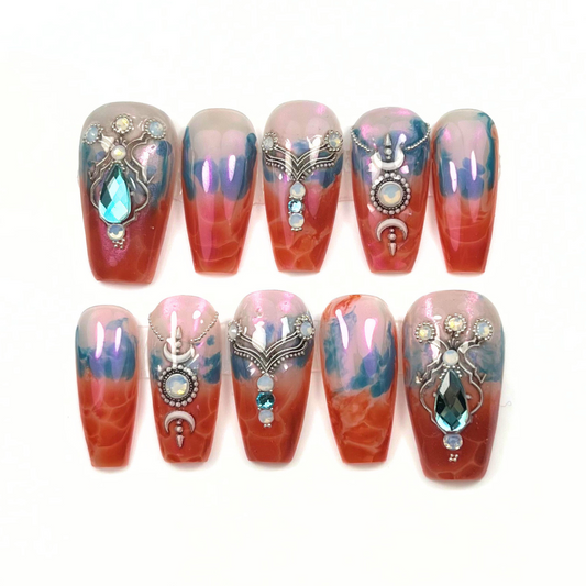 Teal & Burnt Orange Rhinestone Press-On Nails – Luxe Handmade Set (10pcs)