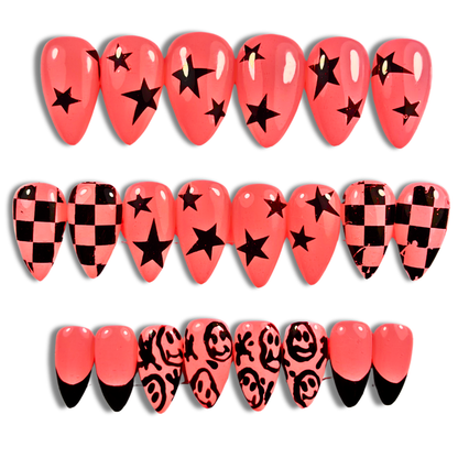 Neon Coral & Black Emo Press-On Nails – Punk Smiley Face & Alt Art (24pcs)