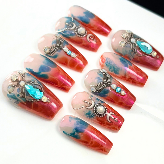 Teal & Burnt Orange Rhinestone Press-On Nails – Luxe Handmade Set (10pcs)