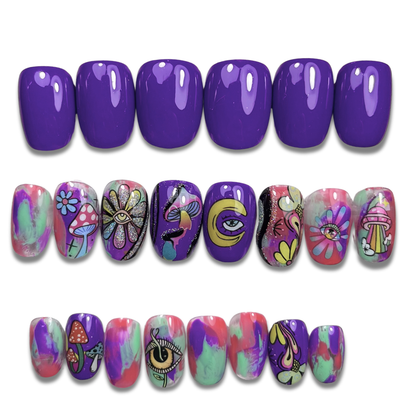 Trippy Purple-Pink Abstract Press-On Nails – Short Oval (24 pcs)