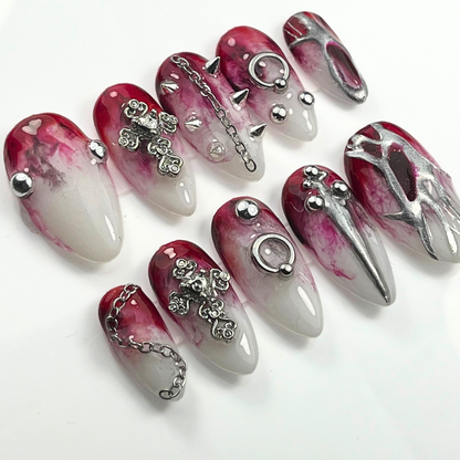 Gothic Faux Piercing Press-On Nails – Spiked & Chained Alt Design (10pcs, Customisable)