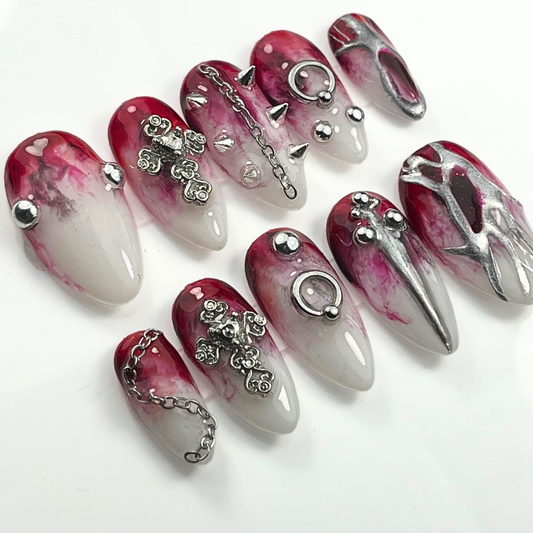 Gothic Faux Piercing Press-On Nails – Spiked & Chained Alt Design (10pcs, Customisable)