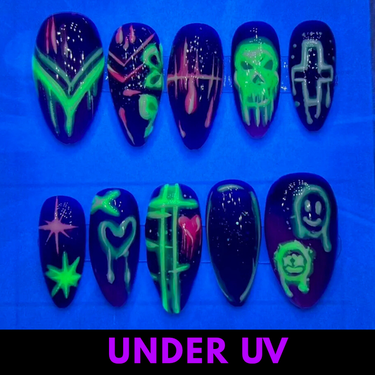 UV Reactive Cyberpunk Press-On Nails – Neon Glitch Graffiti (10pcs)