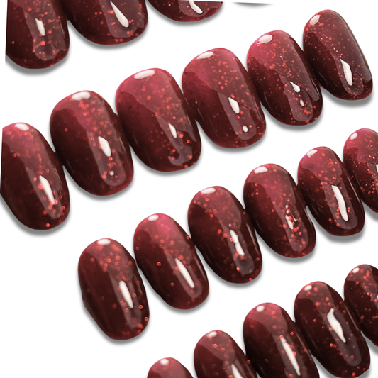 Blood Red Wine Glitter Press-On Nails – Short Oval Vampy Glam (24pcs)
