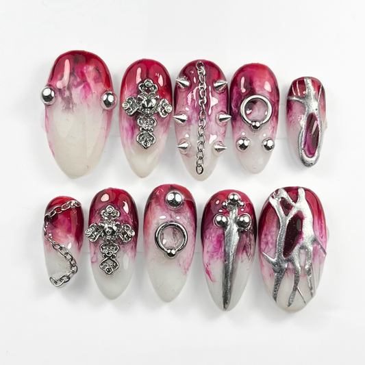 Gothic Faux Piercing Press-On Nails – Spiked & Chained Alt Design (10pcs, Customisable)