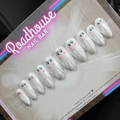 Cute Ghost Press-On Nails – Halloween Spooky White Ghost Nail Art | Hand painted 10pc Custom False Nails UK