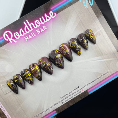 Gothic Baroque Press-On Nails – Black & Gold Filigree with Purple Wine Stones | Handmade 10pc Custom False Nails UK