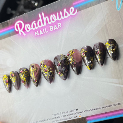 Gothic Baroque Press-On Nails – Black & Gold Filigree with Purple Wine Stones | Handmade 10pc Custom False Nails UK