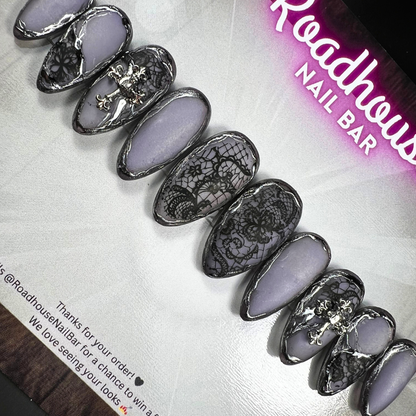 Black Lace Press-On Nails | Gothic French Tip Alternative Nail Set