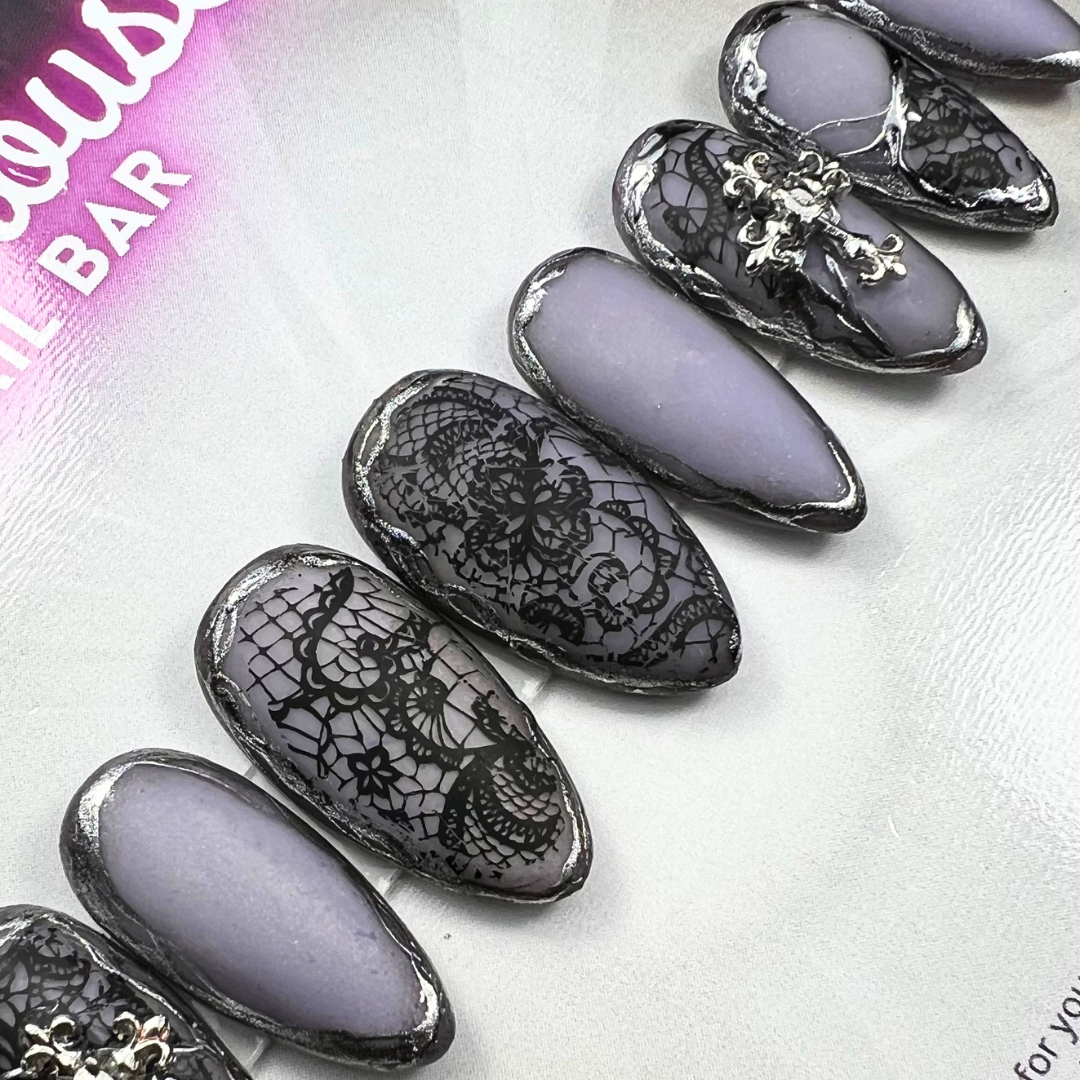 Black Lace Press-On Nails | Gothic French Tip Alternative Nail Set