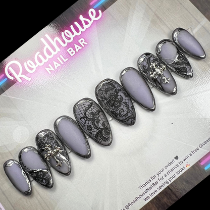 Black Lace Press-On Nails | Gothic French Tip Alternative Nail Set