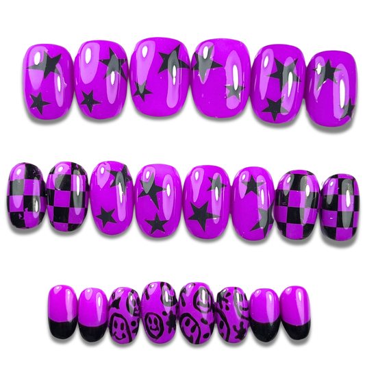 and with purple and black emo press-on nails in short almond shape, featuring smiley face art, checkerboard pattern, and silver accents – 24-piece set